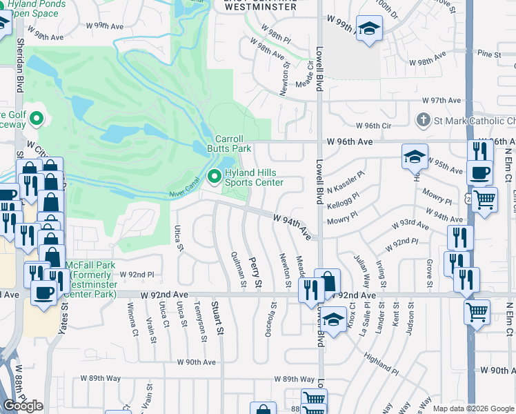 map of restaurants, bars, coffee shops, grocery stores, and more near 9370 Perry Street in Westminster