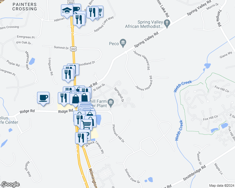 map of restaurants, bars, coffee shops, grocery stores, and more near 3206 Bridlewood Drive in Glen Mills