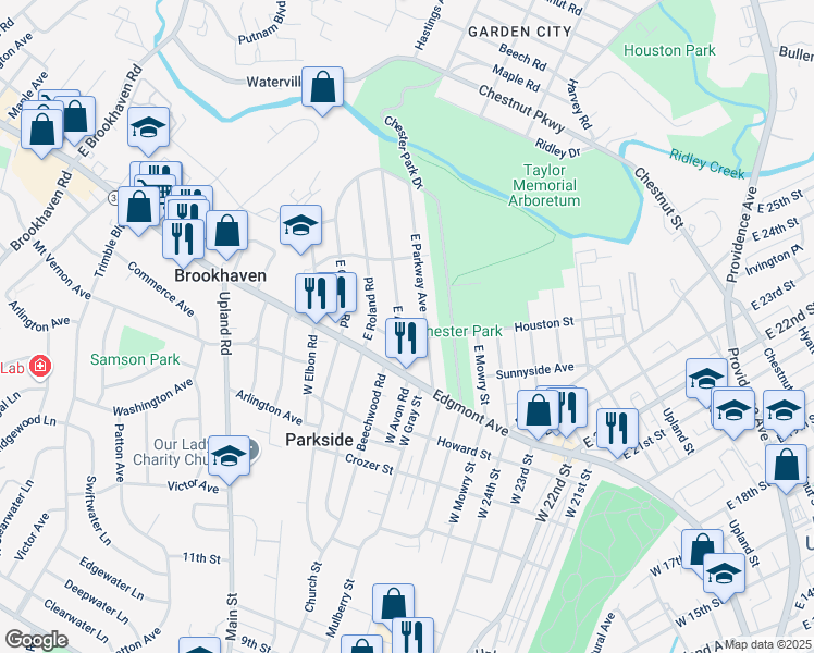 map of restaurants, bars, coffee shops, grocery stores, and more near 107 East Avon Road in Brookhaven