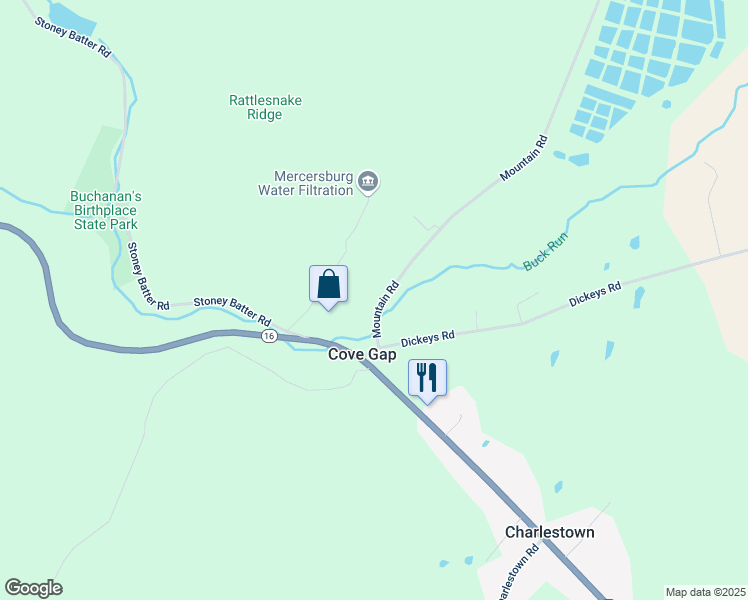 map of restaurants, bars, coffee shops, grocery stores, and more near 3671 Mountain Road in Mercersburg