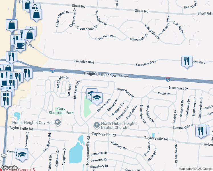 map of restaurants, bars, coffee shops, grocery stores, and more near 7873 Harshmanville Road in Dayton