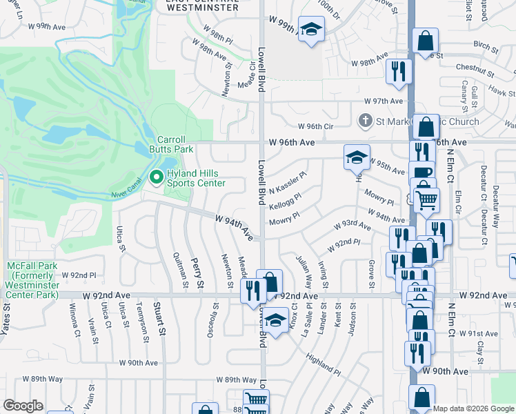map of restaurants, bars, coffee shops, grocery stores, and more near 9427 Lowell Boulevard in Westminster