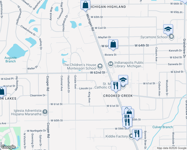 map of restaurants, bars, coffee shops, grocery stores, and more near 2540 Springfield Drive in Indianapolis
