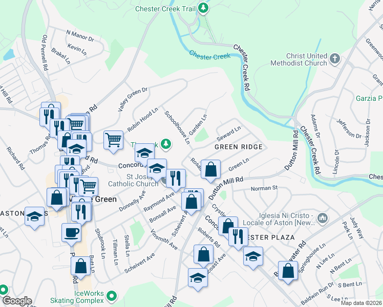 map of restaurants, bars, coffee shops, grocery stores, and more near 21 Rosalie Lane in Aston