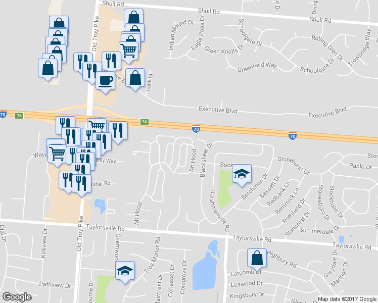 map of restaurants, bars, coffee shops, grocery stores, and more near 8172 Mount Snow Drive in Dayton