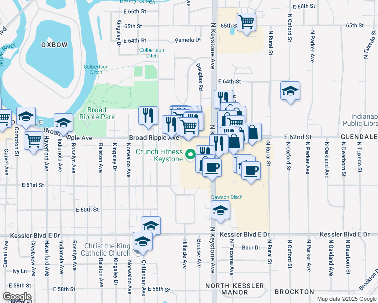 map of restaurants, bars, coffee shops, grocery stores, and more near 2221a East 62nd Street in Indianapolis
