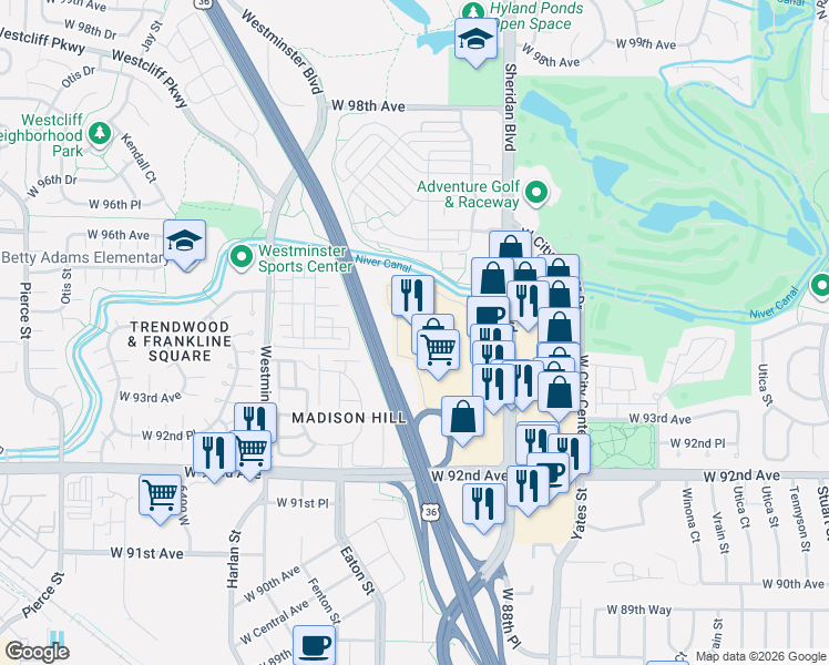 map of restaurants, bars, coffee shops, grocery stores, and more near 9499 Sheridan Boulevard in Westminster