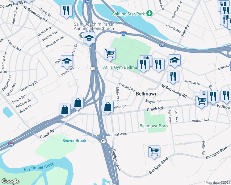 map of restaurants, bars, coffee shops, grocery stores, and more near 44 Midway Lane in Bellmawr