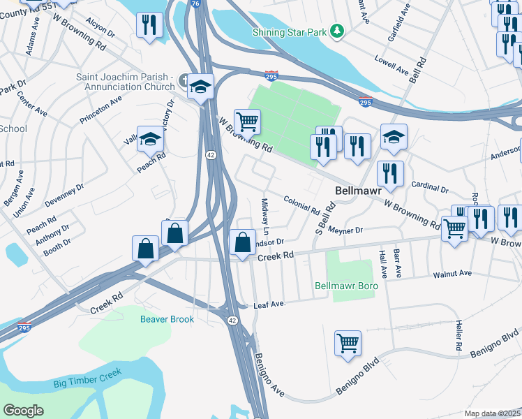 map of restaurants, bars, coffee shops, grocery stores, and more near 44 Midway Lane in Bellmawr