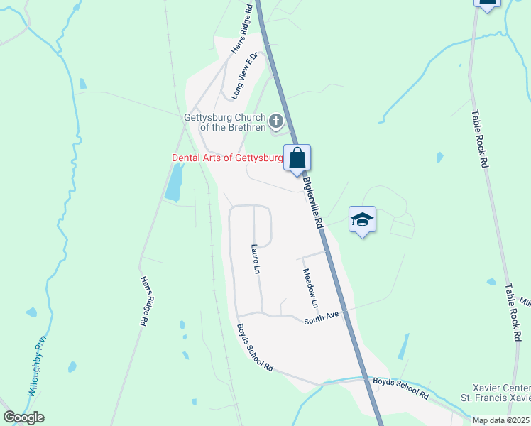map of restaurants, bars, coffee shops, grocery stores, and more near 1075 Boyds School Road in Gettysburg