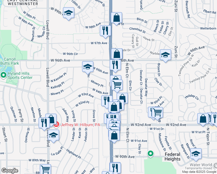 map of restaurants, bars, coffee shops, grocery stores, and more near 9470 Green Court in Westminster