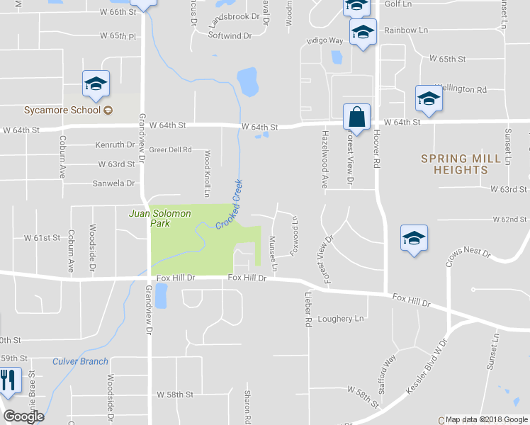 map of restaurants, bars, coffee shops, grocery stores, and more near 6174 Munsee Lane in Indianapolis