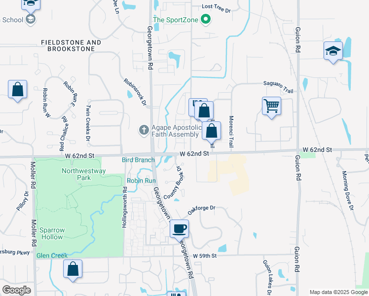 map of restaurants, bars, coffee shops, grocery stores, and more near 4806 Shallow Water Place in Indianapolis