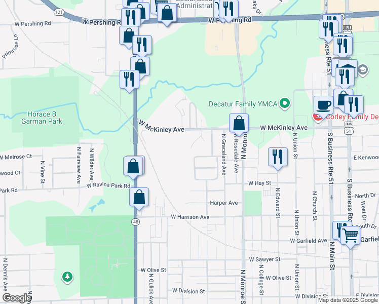 map of restaurants, bars, coffee shops, grocery stores, and more near 2410 Country Trail in Decatur