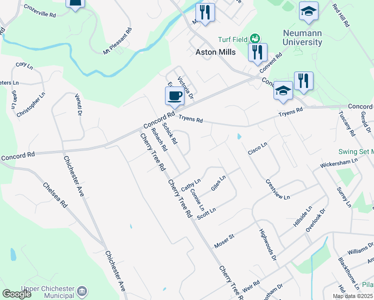 map of restaurants, bars, coffee shops, grocery stores, and more near 17 Snyder Lane in Aston