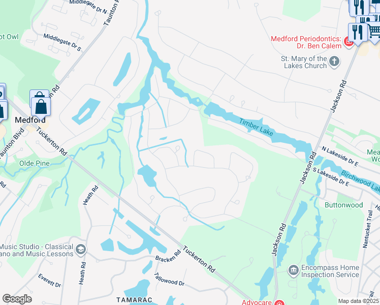 map of restaurants, bars, coffee shops, grocery stores, and more near 3 Normandy Court in Medford