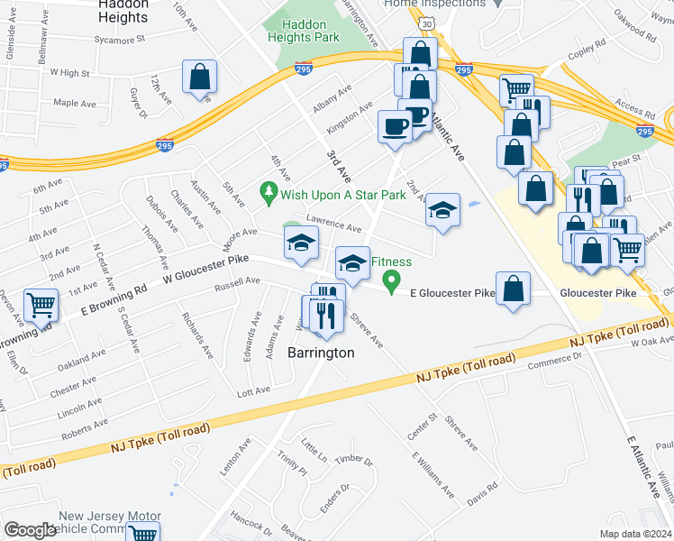 map of restaurants, bars, coffee shops, grocery stores, and more near 5 Moore Avenue in Barrington