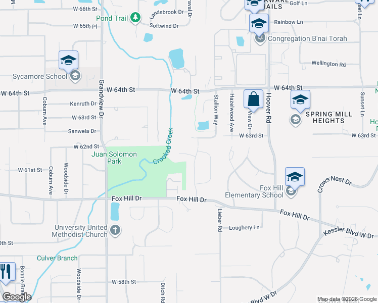 map of restaurants, bars, coffee shops, grocery stores, and more near 6174 Munsee Lane in Indianapolis
