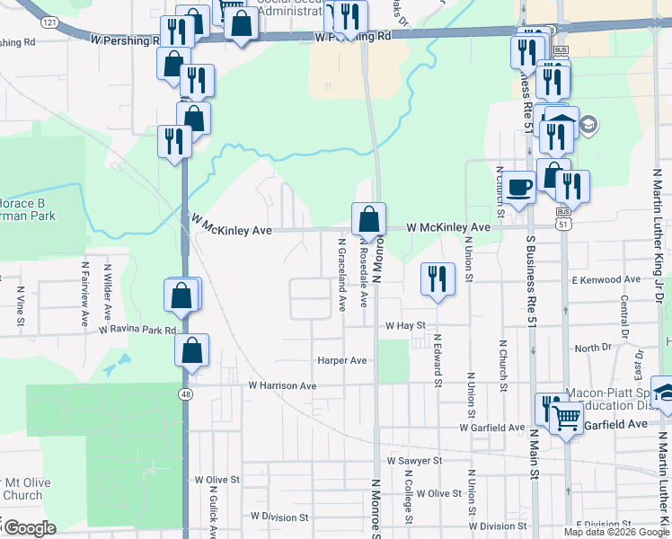 map of restaurants, bars, coffee shops, grocery stores, and more near 2454 North Graceland Avenue in Decatur