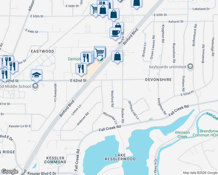 map of restaurants, bars, coffee shops, grocery stores, and more near 5151 East 62nd Street in Indianapolis