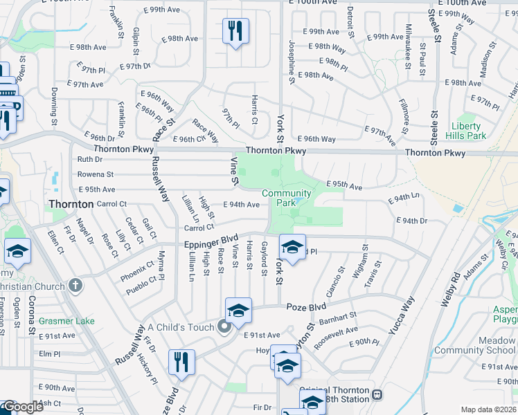 map of restaurants, bars, coffee shops, grocery stores, and more near 2100 East 95th Avenue in Thornton
