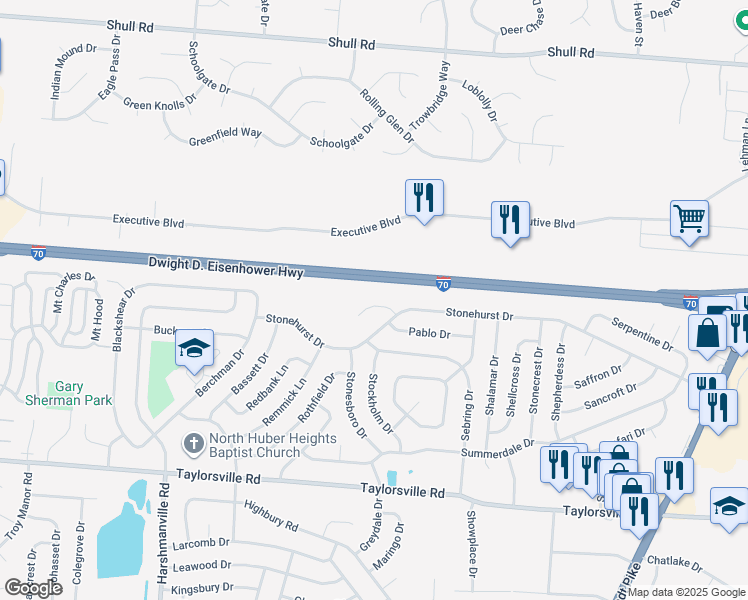 map of restaurants, bars, coffee shops, grocery stores, and more near 6665 Pegwood Court in Dayton