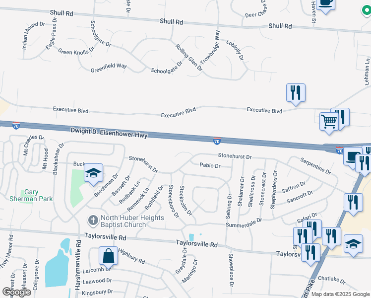 map of restaurants, bars, coffee shops, grocery stores, and more near 6665 Pegwood Court in Dayton
