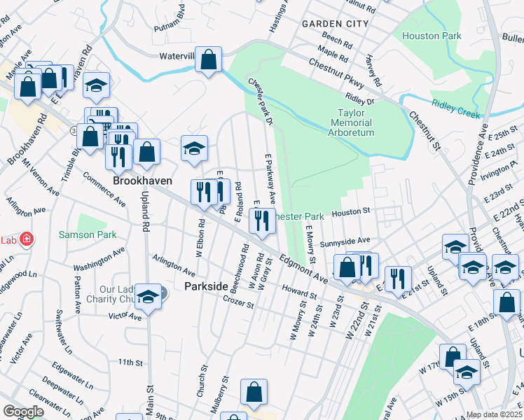 map of restaurants, bars, coffee shops, grocery stores, and more near 111 East Avon Road in Brookhaven
