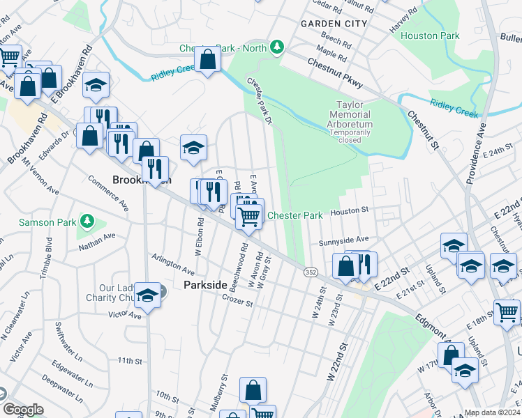 map of restaurants, bars, coffee shops, grocery stores, and more near 111 East Avon Road in Brookhaven