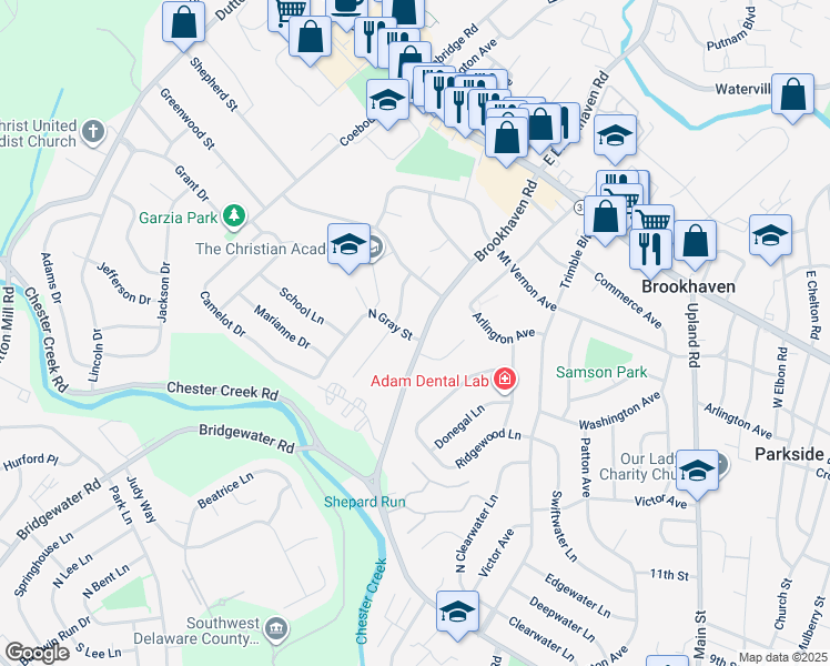 map of restaurants, bars, coffee shops, grocery stores, and more near 342 West Brookhaven Road in Brookhaven
