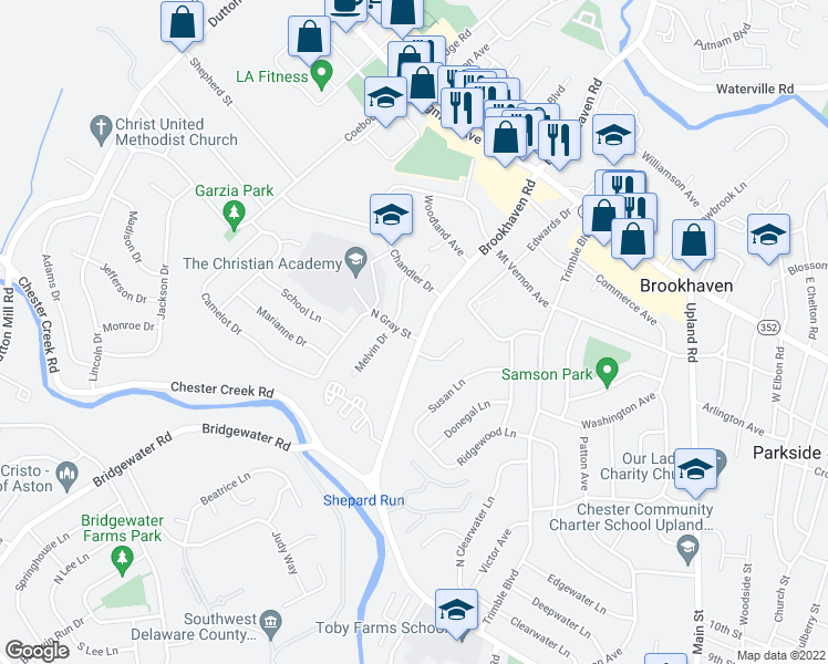 map of restaurants, bars, coffee shops, grocery stores, and more near 342 West Brookhaven Road in Brookhaven