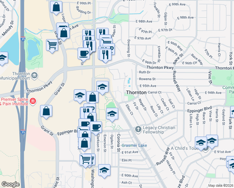 map of restaurants, bars, coffee shops, grocery stores, and more near 9440 Hoffman Way in Thornton