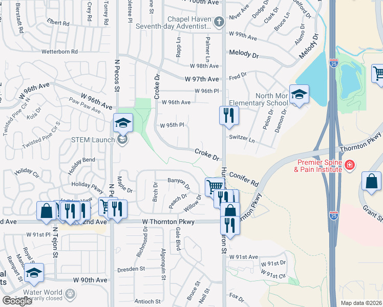 map of restaurants, bars, coffee shops, grocery stores, and more near 9423 Jason Way in Thornton
