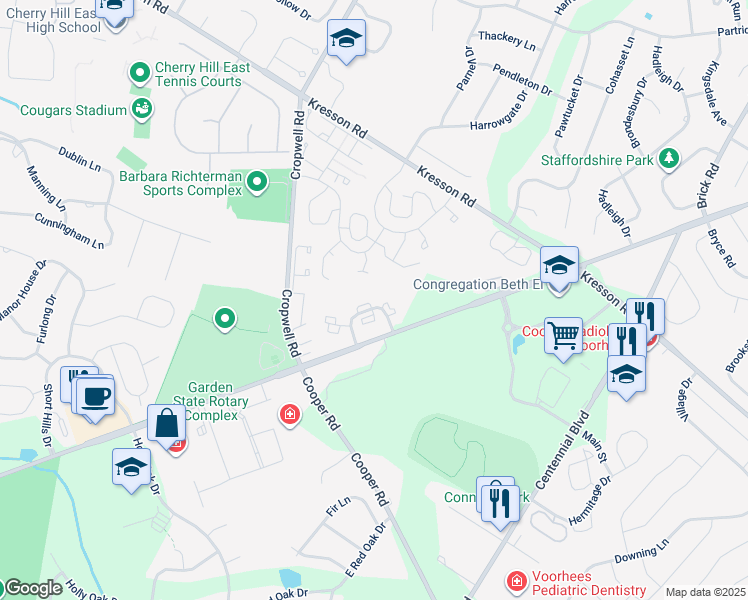map of restaurants, bars, coffee shops, grocery stores, and more near 1701 Chanticleer in Cherry Hill