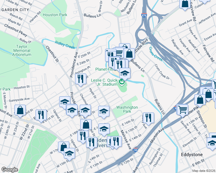 map of restaurants, bars, coffee shops, grocery stores, and more near 1000 MacDade Boulevard in Chester