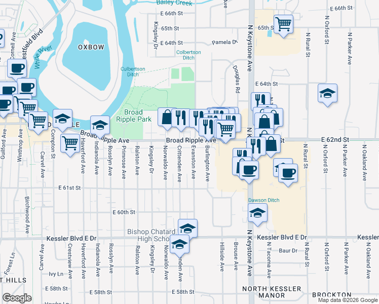 map of restaurants, bars, coffee shops, grocery stores, and more near 1927 Broad Ripple Avenue in Indianapolis