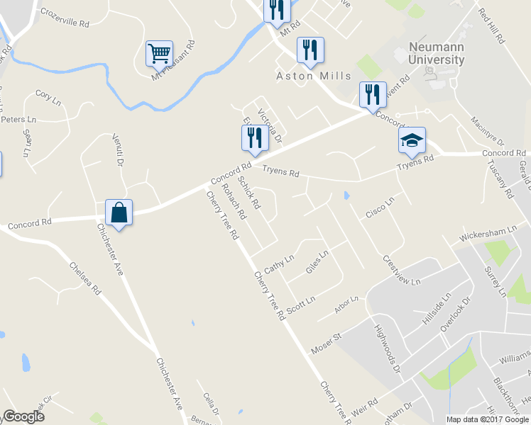 map of restaurants, bars, coffee shops, grocery stores, and more near 511 Schick Road in Aston