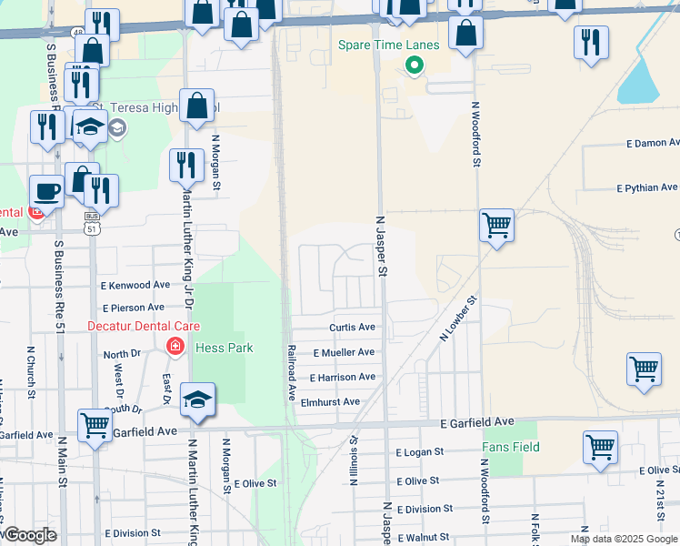 map of restaurants, bars, coffee shops, grocery stores, and more near 2397 North Illinois Street in Decatur