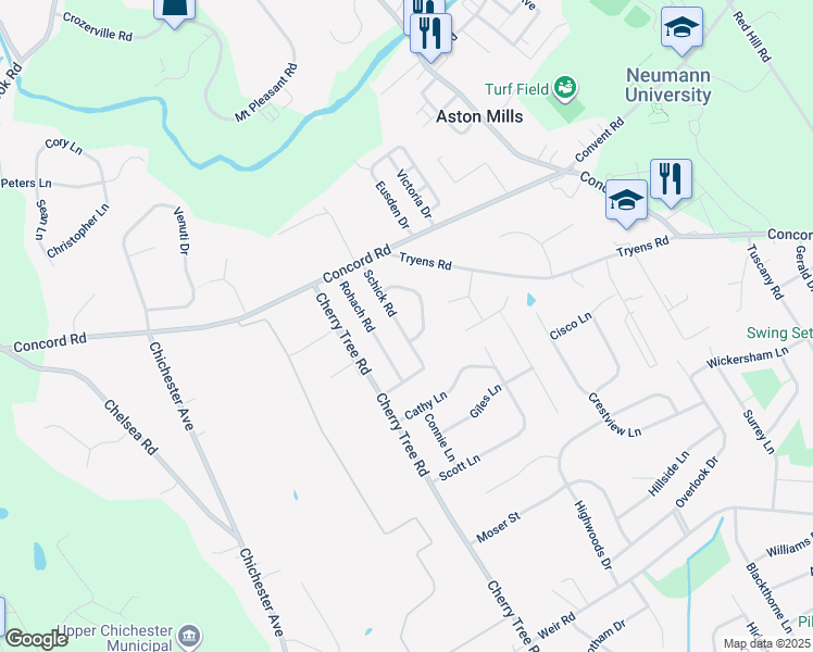 map of restaurants, bars, coffee shops, grocery stores, and more near 511 Schick Road in Aston