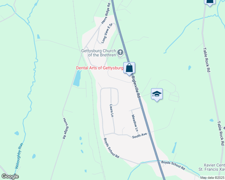 map of restaurants, bars, coffee shops, grocery stores, and more near 161 Laura Lane in Gettysburg