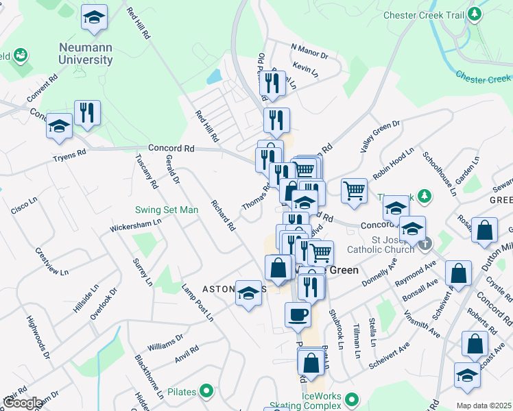 map of restaurants, bars, coffee shops, grocery stores, and more near Thomas Road in Village Green