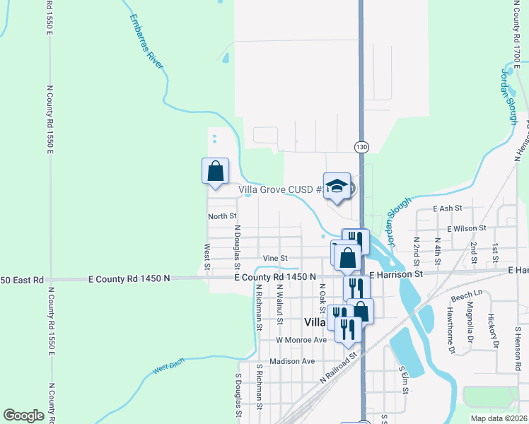 map of restaurants, bars, coffee shops, grocery stores, and more near 518 North Richman Street in Villa Grove