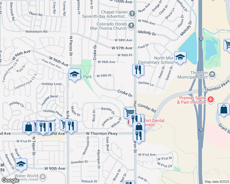map of restaurants, bars, coffee shops, grocery stores, and more near 9423 Jason Way in Thornton