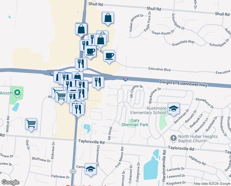 map of restaurants, bars, coffee shops, grocery stores, and more near 8211 Mount Mc Kinley in Dayton