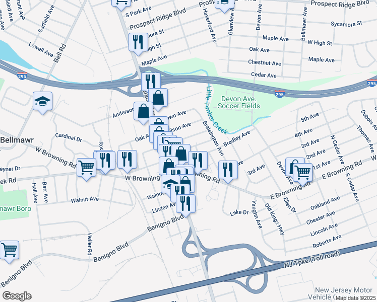 map of restaurants, bars, coffee shops, grocery stores, and more near 40 East Chestnut Avenue in Bellmawr