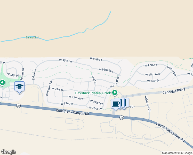 map of restaurants, bars, coffee shops, grocery stores, and more near 18438 West 95th Avenue in Arvada