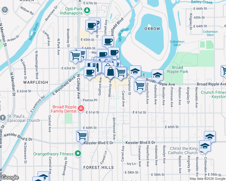map of restaurants, bars, coffee shops, grocery stores, and more near 920 East 62nd Street in Indianapolis