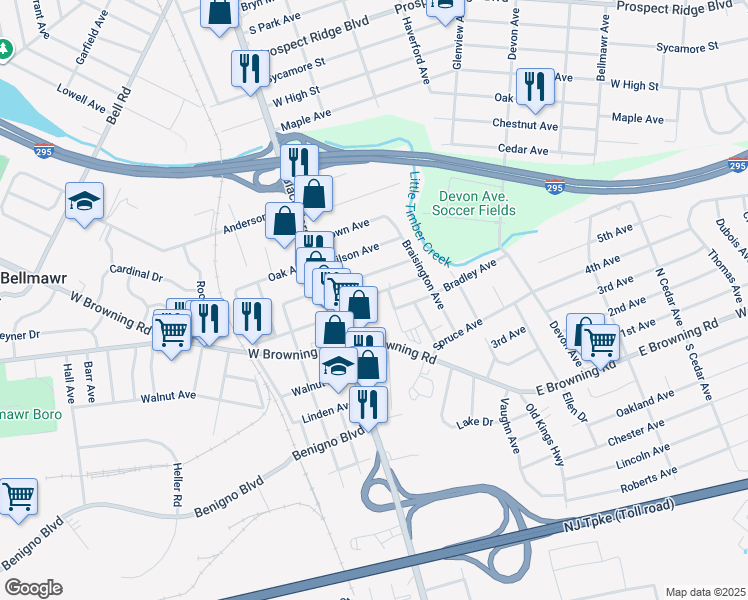 map of restaurants, bars, coffee shops, grocery stores, and more near 40 East Chestnut Avenue in Bellmawr