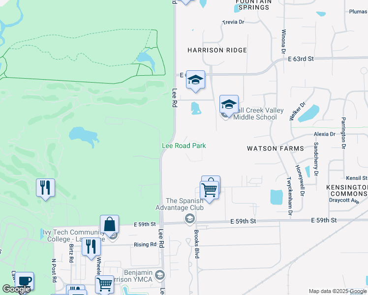 map of restaurants, bars, coffee shops, grocery stores, and more near 6200 Lee Road in Indianapolis