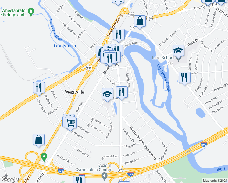 map of restaurants, bars, coffee shops, grocery stores, and more near 323 High Street in Westville